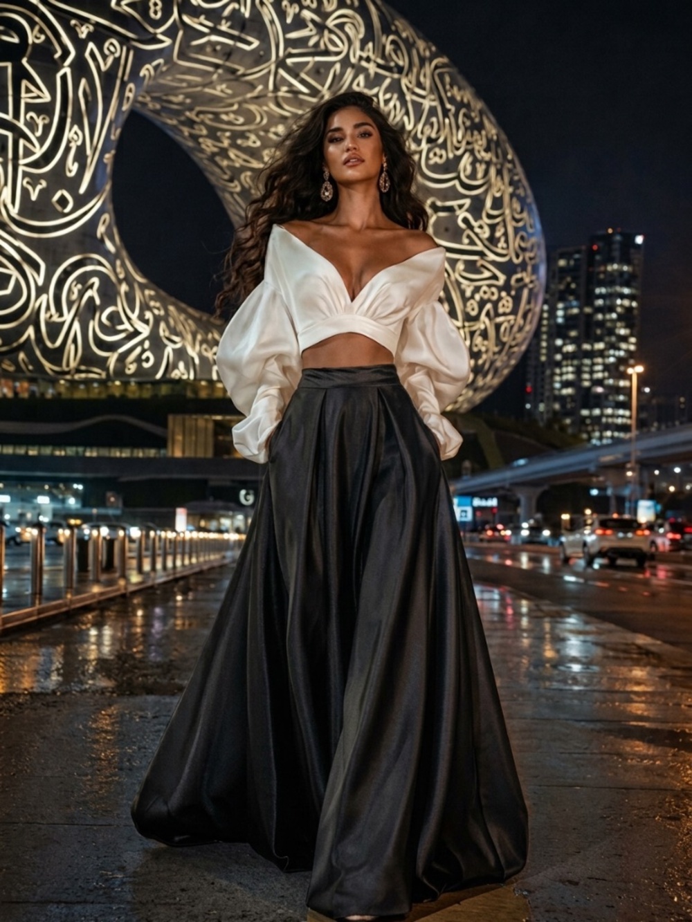 Anthro Full Satin Skater Drama Black Tie Dress Up Maxi Skirt